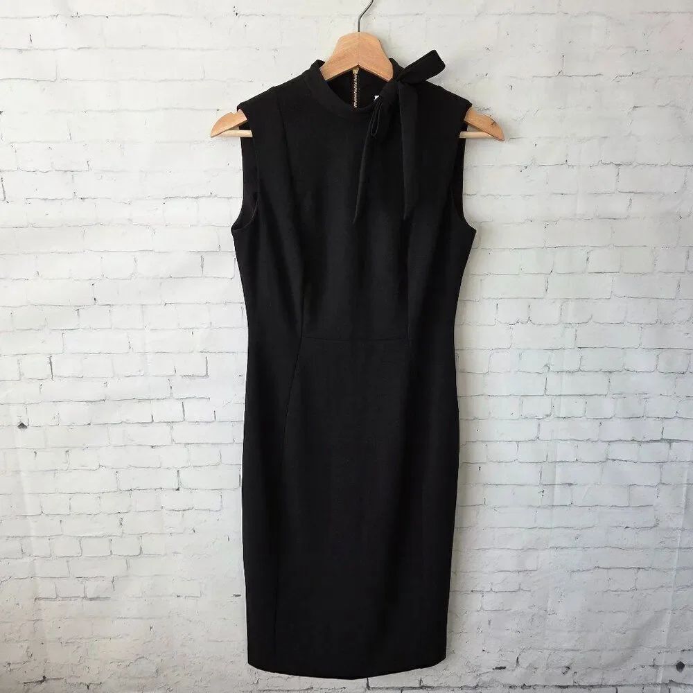 Calvin Klein Ponte Knit Black Dress Size 2 Bow Collar Sheath Career Classic